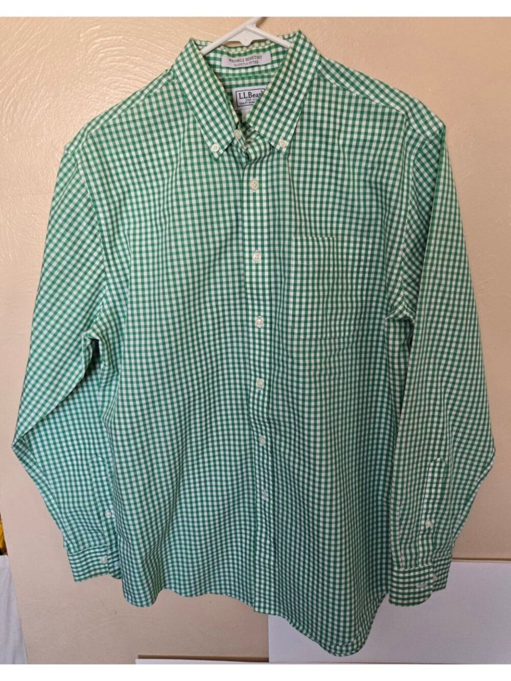 LL Bean Green Gingham Check Button Down Wrinkle Resistant Slightly Fitted Sz Med